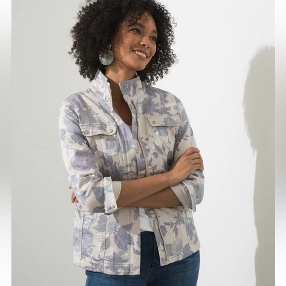 Chico's Floral feminine utility twill Jacket denim style light khaki purple Lrg - Picture 1 of 17